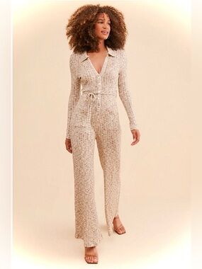 Free People Beige Ribbed Button-Front Wide-Leg Jumpsuit